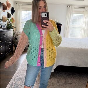 BiBi Pastel Colorblock Open-Knit Button Cardigan - Mint, Yellow, Pink, Peach
